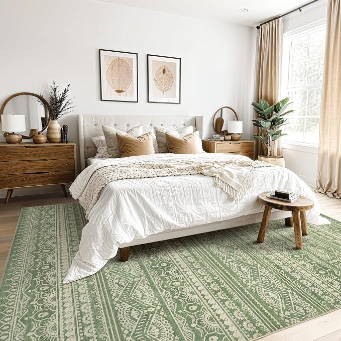 Tortania Area Rug Living Room Rugs - 5x8 Washable Large Soft Neutral Boho Moroccan Bohemian Farmhouse Rug Indoor Floor Carpet for Bedroom Under Dining Table Home Office Decor - Green