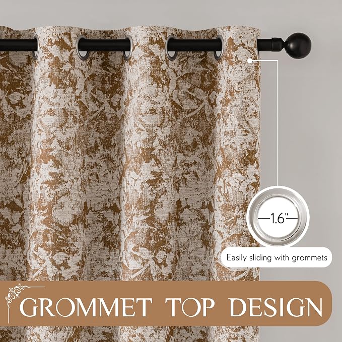 Beauoop Brown Floral Jacquard Blackout Curtains for Bedroom 52x96 2 Panels | Flower Chenille Room Darkening Drapes for Living Room 96 Inch Long Thermal Insulated Soundproof Window treatment Grommet
