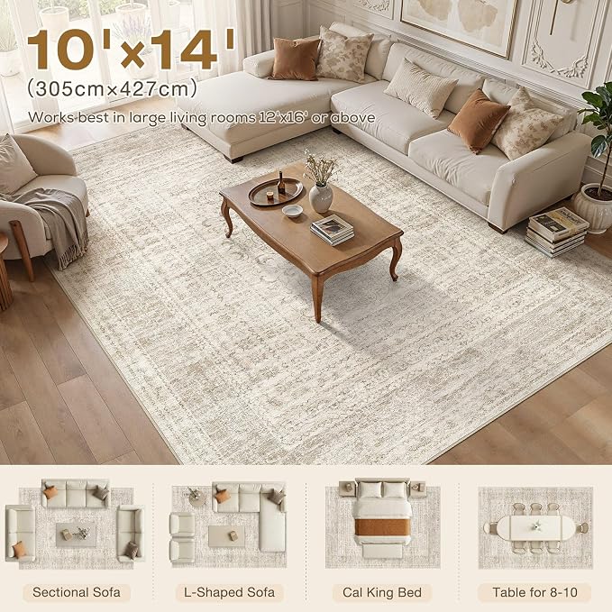 Nakagishi 10x14 Area Rugs Living Room: Washable Large Vintage Rug Neutral Non-Slip Soft Stain Resistant Indoor Carpet for Bedroom Nursery Dining Room Office Playroom - Beige Gray