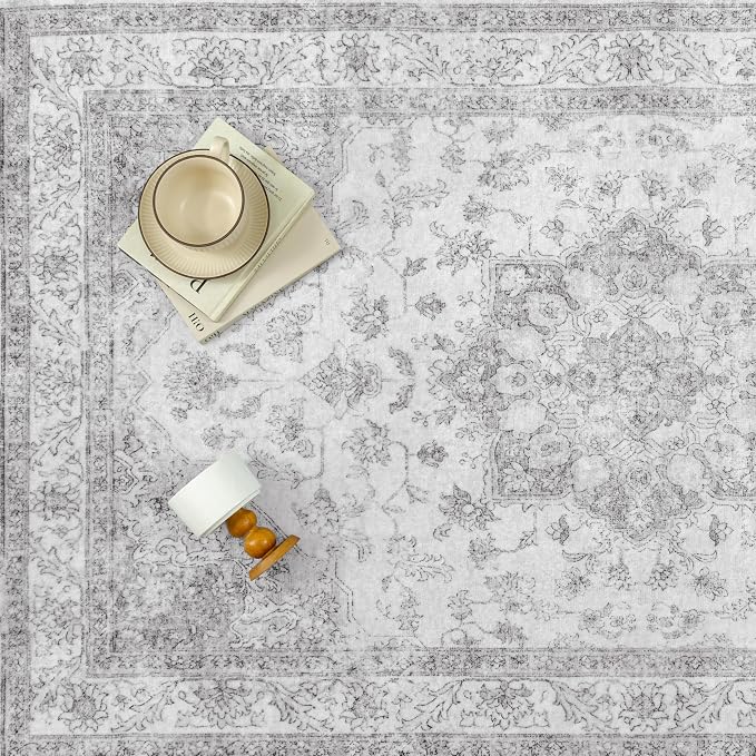 PureCozy Grey Gray Area Rug 4x6 Washable Vintage Carpet for Office Living Room Soft Retro Low Pile Thin Indoor Rug Non Slip Oriental Medallion Floor Cover for Bedroom Kitchen Dining Room