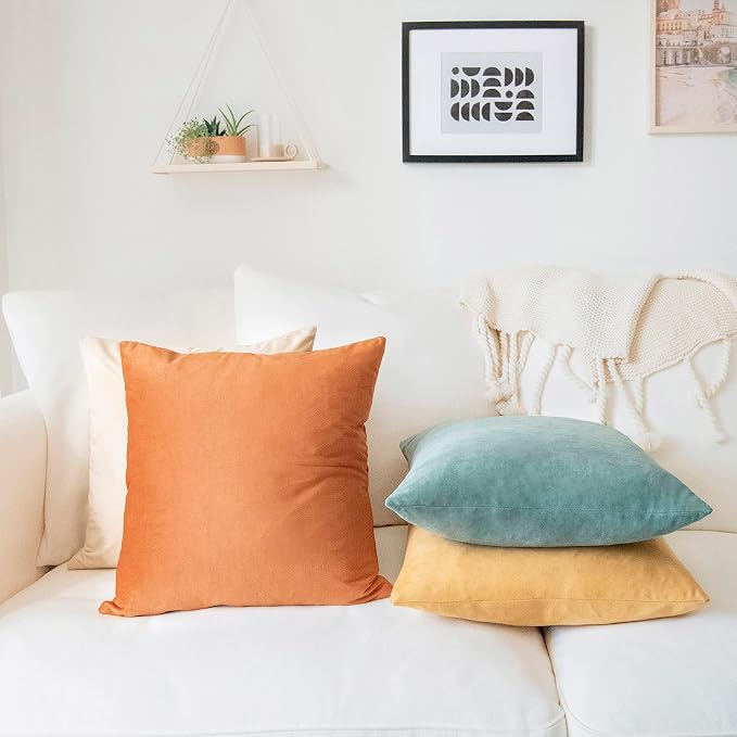 MONDAY MOOSE Decorative Throw Pillow Covers Cushion Cases, Set of 4 Soft Velvet Modern Designs, Mix and Match for Home Decor, Pillow Inserts Not Included (14x14 inch, Orange/Teal)