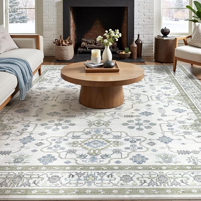 Area Rug 5x7 for Living Room - Washable Oriental Vintage Floral Distressed Large Indoor Carpets with Non Slip Back for Bedroom Dining Room Nursery Office Home Decor -Light Green