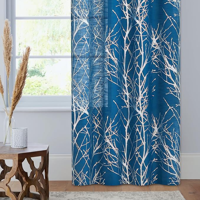 FMFUNCTEX Linen Silver Navy Blue Semi Sheer Print Curtains 63 Inch 2 Panels | Metallic Branch Sheer Patterned Drapes, Light Filtering Grommet Panels for Modern Farmhouse Bedroom and Living Room Style