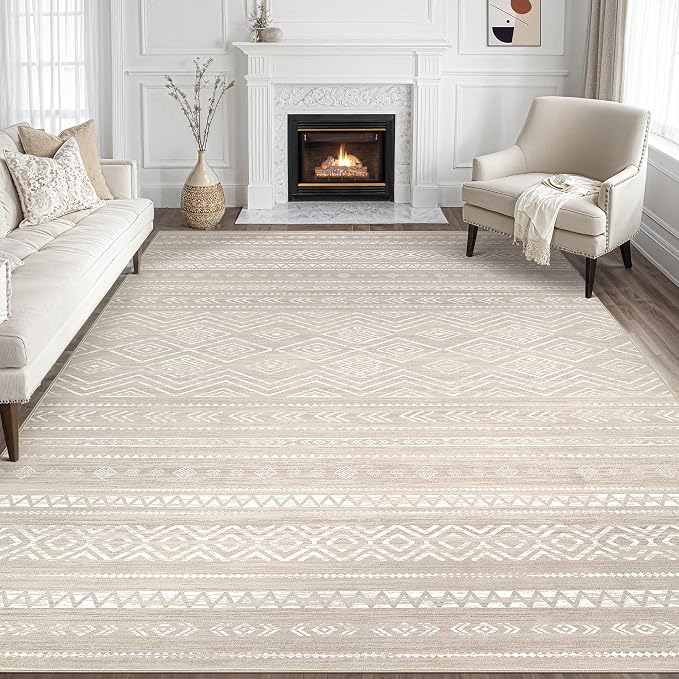 Tortania Area Rug Living Room Rugs - 9x12 Washable Large Soft Neutral Boho Moroccan Bohemian Farmhouse Rug Indoor Floor Carpet for Bedroom Under Dining Table Home Office Decor - Taupe