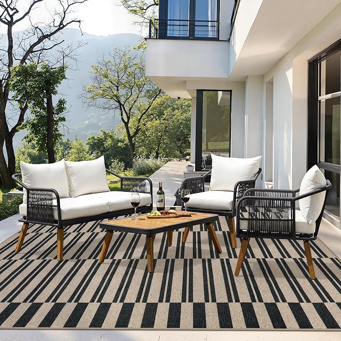Lahome Striped Easy Jute Living Room Rug, 8x10 Outdoor Patio Rugs Washable | Black Indoor Dining Room Area Rug, Modern Farmhouse Geometric Non Slip Non Shedding Carpet for Deck Office Backyard Mudroom