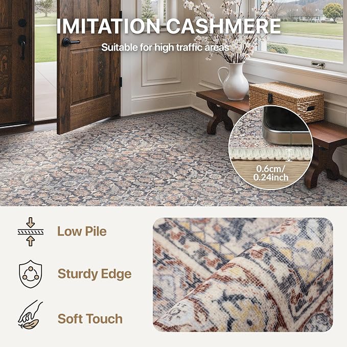 BESBLEE 8X10 Area Rugs Machine Washable Rugs for Living Room, Vintage Boho Large Rugs for Bedroom Dining Room, Non Slip Indoor Soft Distressed Lightweight Thin Low Pile Carpet, Blue Grey