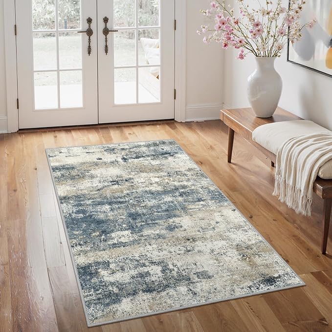 GENIMO 3x5 Rug for Entryway Washable Area Rug, Modern Abstract Small Throw Rugs for Entrance Living Room, Bedroom Beside, Non-Slip Low Pile Lightweight Soft Carpet, Navy Blue