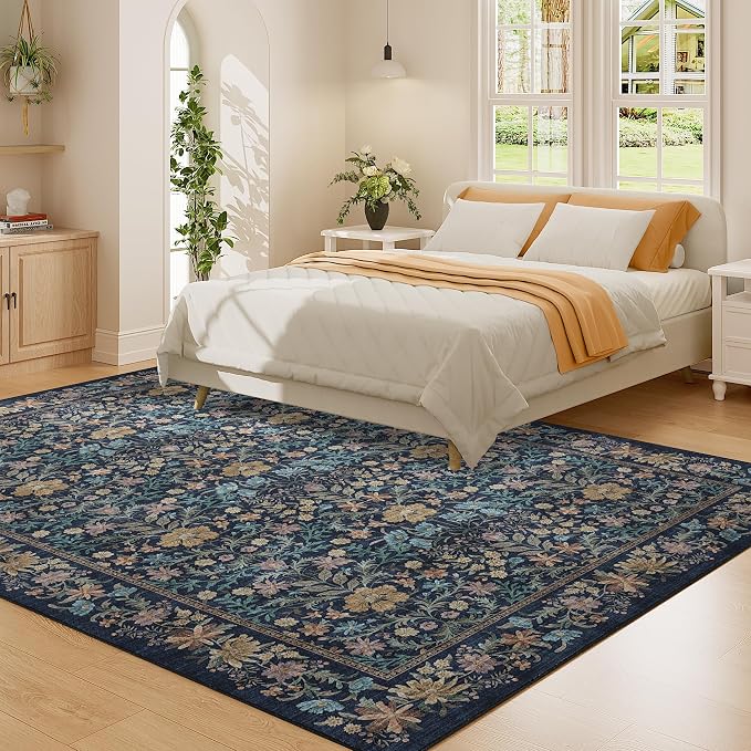 DUKINO 6x9 Area Rug, Vintage Floral Washable Rugs for Living Room Dark Blue | Non Slip, Low Pile, Non-Shedding, Soft Indoor Large Carpet for Bedroom, Office, Dining Room, Farmhouse, Nursery, Home Decor