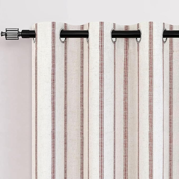DriftAway Farmhouse Linen Stripe Blackout Curtains, W52xL54, Red | Blackout, Linen Texture, Stripe Pattern, Rod Pocket & Back Tab, Two Layers, Bedroom Living Room Use, Sound Reducing Design