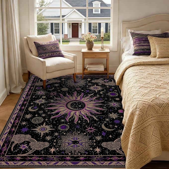 Vacuum-Friendly, 5x7 Washable Area Rug, Black Purple Beige | Sun and Moon Boho Gothic Non-Slip Low Pile Living Roon Bedroom Dining Room Kitchen Entry Entryway Entrance Hallway Doormat