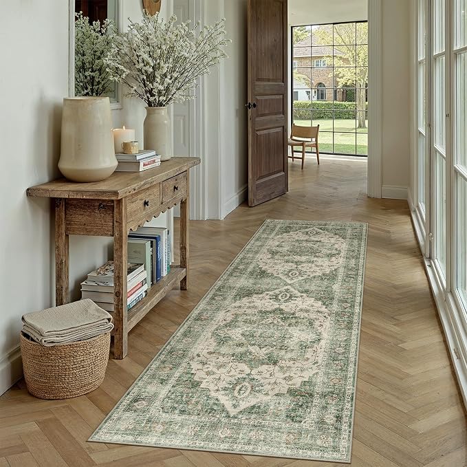 HUGEAR 2x6 Runner Rug Green Machine Washable Area Rug Room Decor Vintage Distressed Hallway Rugs Low Pile Carpet Non Slip Rugs for Kitchen Laundry Living Soft Lightweight