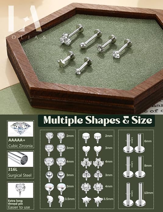 LOLIAS 16G 18G Flat Back Stud Earrings for Women - Hypoallergenic Surgical Steel Internal Thread Stud Piercing Jewelry for Tragus Helix Cartilage Conch Nose 6MM 8MM 10MM Lip Labret Medusa Piercing