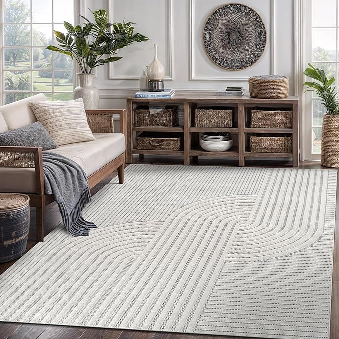 CAMILSON Modern Rug 8x10 Luxury Swirl Curved Micro Loop Area Rugs Soft High-Low Pile Stain Resistant Easy to Clean Non-Shedding Durable Living Room Bedroom Indoor Carpet (White)