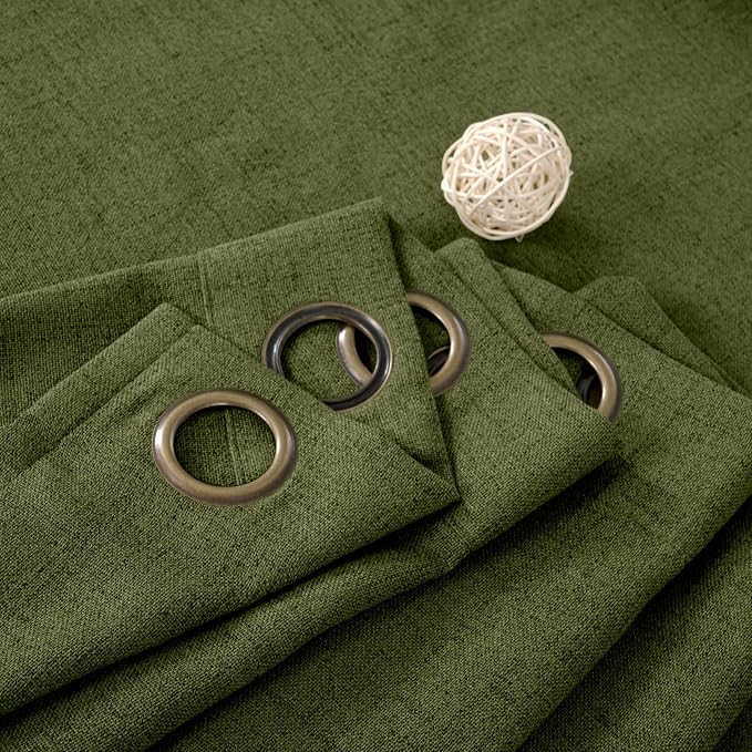 YoungsTex Olive Linen Curtains 45 Inch Length 2 Panels, Dark Green Short Drapes Semi Sheer with Bronze Grommet Light Filtering for Living Room Windows, 42 X 45 Inch