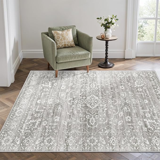 Soalmost Area Rugs 4x6 for Living Room, Washable Neutral Soft Rugs Grey | Floral Vintage Non-Slip Throw Carpet for Dining Room, Entryway, Kitchen, Farmhouse 4'x6'