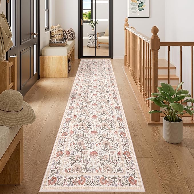DUKINO 2x10 Runner Rug for Hallway, Washable Vintage Floral Rug, Beige Pink | Non Slip, Low Pile, Non-Shedding, Stain Resistant Soft Long Runner Carpet for Kitchen Bathroom Entryway Bedroom Farmhouse