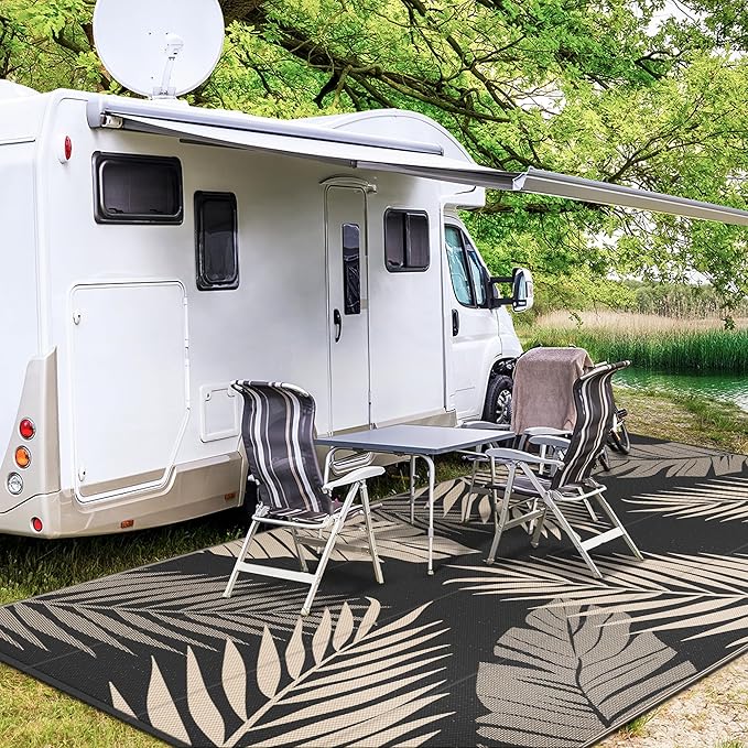GENIMO Outdoor Rug, Waterproof Plastic Rugs 9'x18' for Camping Black Beige | Outside Larger Leaf Carpet Mat for Patio Decor, RV, Porch, Camper, Deck, Picnic, Beach, Backyard, Reversible, Foldable