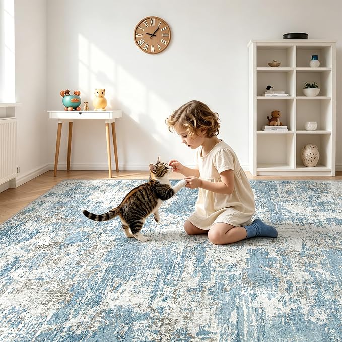 9x12 Area Rugs Living Room Rug Modern Abstract Neutral Washable Rugs Non Slip Soft Carpet Large Area Rug Low Pile Stain Resistant Non Shedding for Bedroom Nursery Dining Room Home Office Blue