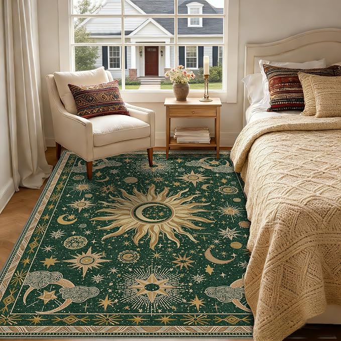 Vacuum-Friendly, 5x7 Washable Area Rug, Green Gold Yellow | Sun and Moon Boho Gothic Non-Slip Low Pile Living Roon Bedroom Dining Room Kitchen Entry Entryway Entrance Hallway Doormat