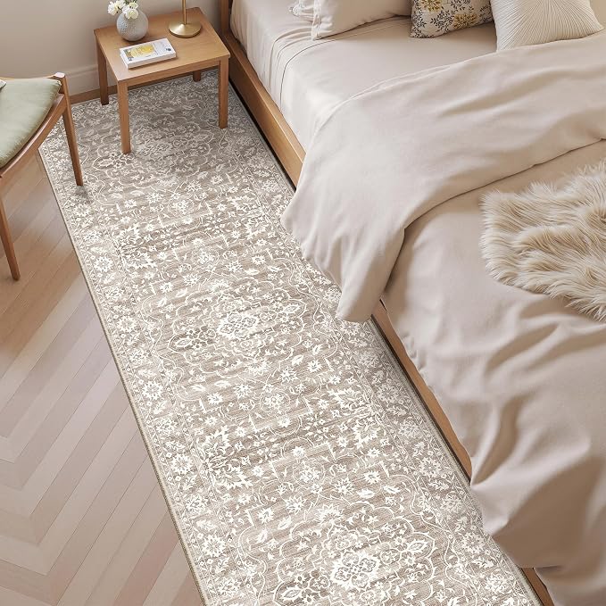 Soalmost 2.5'x8' Runner Rugs for Hallway, Washable Kitchen Runner Rug | Vintage Non-Slip Soft 2'6"x8' Carpet Runner with Rubber Backing for Entryway Laundry Bedroom Farmhouse Light Brown