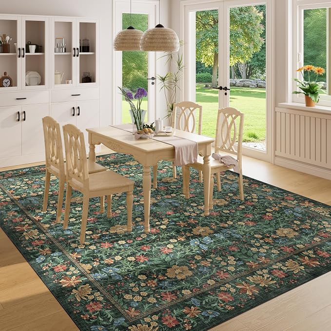 DUKINO 8x10 Area Rugs, Vintage Floral Washable Rug for Living Room, Green | Non Slip, Low Pile, Non-Shedding, Stain Resistant, Aesthetic Soft Indoor Large Carpet for Bedroom, Dining Room, Farmhouse