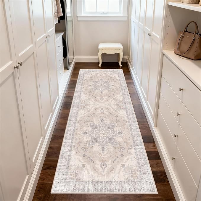 2x6 Runner Rug, Soft Non-Slip Vintage Medallion Rug, Low-Pile Bedroom Runner Rug Indoor Runners for Girls Room, Kids Room, Bedroom Bedside -Light Blush/Cream | Soft Low-Pile Bedroom Runner Rug Indoor Runners for Girls Room, Kids Room, Bedroom Bedside