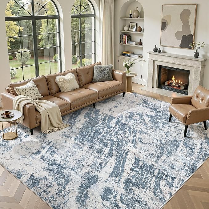 DMOYEST 8x11 Washable Area Rug: Abstract Modern Non-Slip Carpet, Soft Low Pile Indoor Neutral Easy Clean Floor Rugs for Living Room Bedroom Dining Room Kids & Pets - Blue