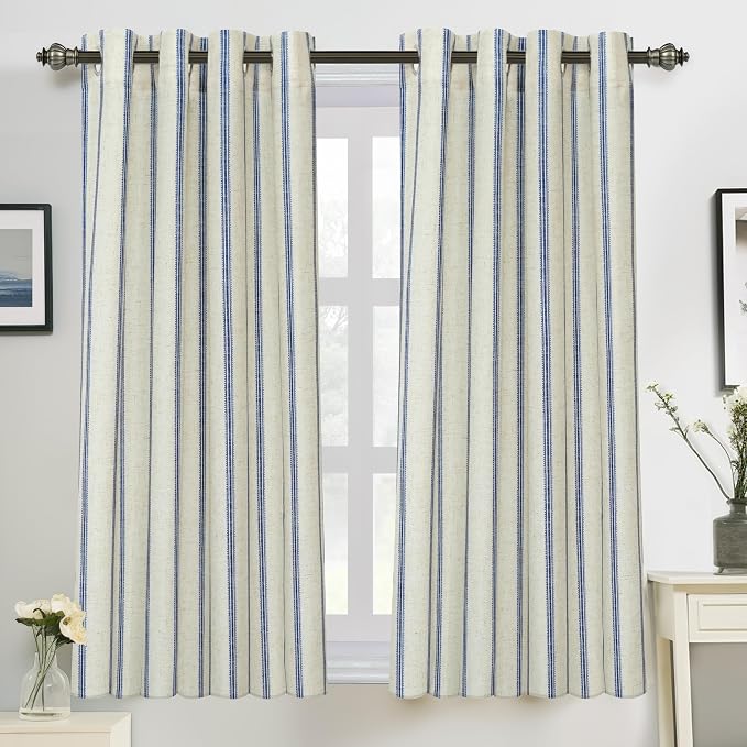 DriftAway Farmhouse Stripe Blackout Curtains, W52xL54, Navy Blue | Blackout, Linen Texture, Stripe Pattern, Rod Pocket & Back Tab, Two Layers, Bedroom Living Room Use, Sound Reducing Design