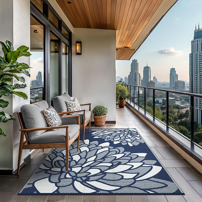 GENIMO Outdoor Rug, Waterproof Plastic Rugs for Patio, 6'x9' Indigo White | Outside Larger Leaf Carpet Mat for Porch Decor, Deck, Balcony, Camping, RV, Backyard, Picnic, Beach, Reversible, Foldable