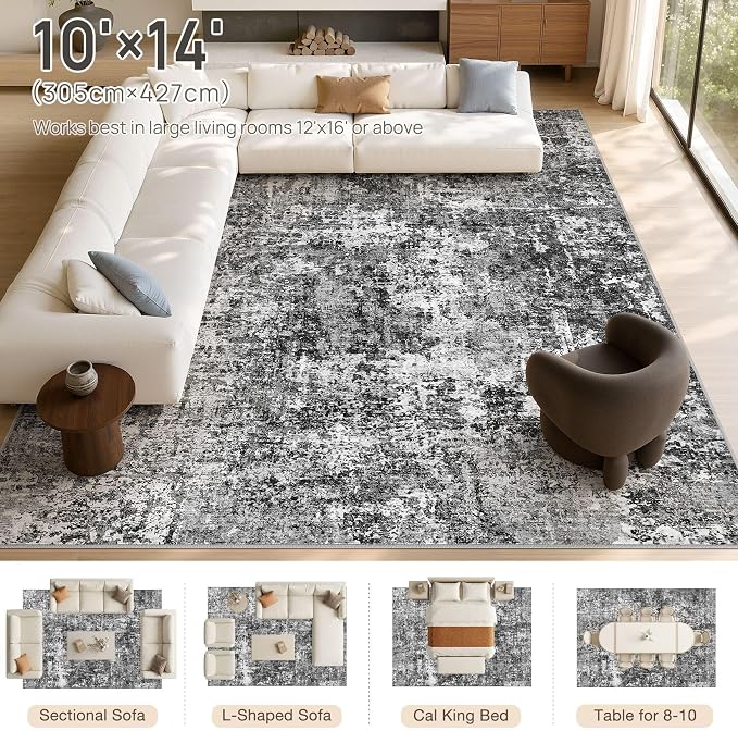 cotiled Washable Area Rug 10x14, Non-Slip Soft Neutral Rug for Living Room | Modern Abstract Carpet, Stain Resistant and Kid & Pet Friendly, Ideal For Bedroom, Dining Room, Nursery, Office - Blue/Gery