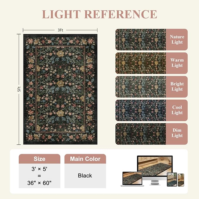 DUKINO 3x5 Rug, Washable Vintage Floral Bedroom Area Rug Non Slip, Black | Low Pile, Non-Shedding, Aesthetic Lightweight Soft Indoor Small Carpet for Bathroom Entryway Living Room Office Farmhouse