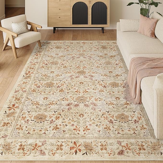 DUKINO 5x7 Area Rugs, Vintage Floral Washable Rug for Living Room, Beige | Non Slip, Low Pile, Soft, Lightweight, Boho Indoor Carpet for Bedroom, Office, Dining Room, Dorm Room, Farmhouse, Home Decor