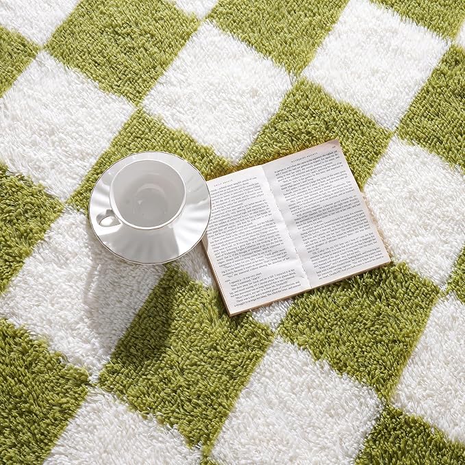 Pionblank 9x12 Area Rug, Large Fluffy Checkered Rugs for Living Room, Shag Rug for Bedroom, Soft Non Slip Shag Carpet for Kids Room Nursery Home Decor, Grass Green and White