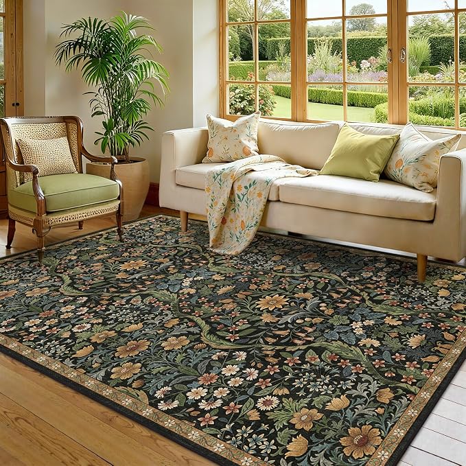 5×8 Area Rugs Black Brown Washable Floral Rug,Vintage Boho Soft Low-Pile Living Room Rugs, Stain Resistant Botanical Non-Slip Carpet for Bedroom,Dining Room, Kids Nursery,Home Decor