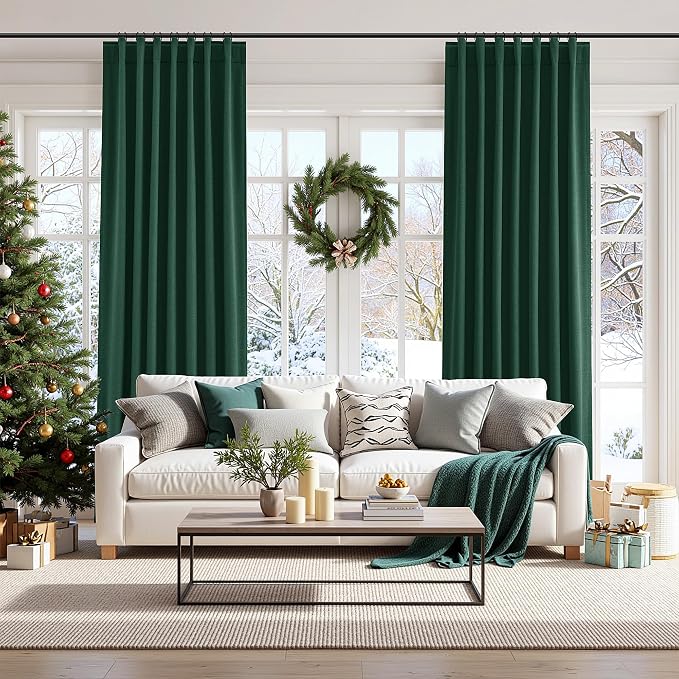 Guken Dark Green 100% Blackout Curtains 108 Inch Length 2 Panels Set for Living Room Bedroom Back Tab Thermal Insulated Black Out Linen Drapes Decor，52x108