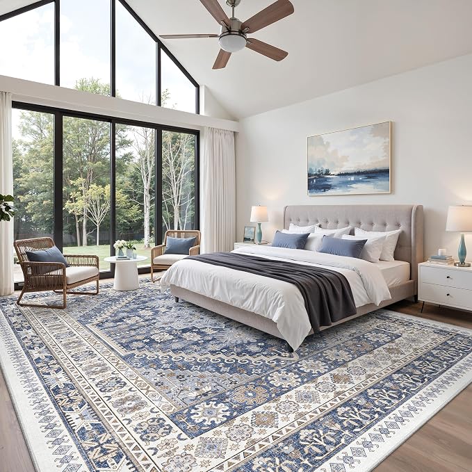 zesthome 12x15 Area Rugs, Large Washable Rug, Ultra-Thin Stain Resistant Rugs for Living Room, Bedroom, Non-Slip Backing Home Decor Area Rug (Blue/Beige,12'x15')