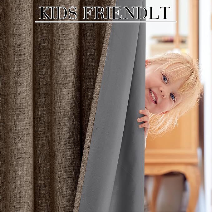 RYB HOME Brown 100% Blackout Curtains 63 inch Long, Light Blacking & Thermal Insulated Linen Curtains for Nursery/Bedroom/Boys'Room, Back Tab & Rod Pocket Window Treatment, W52 x L63, 2 Panels