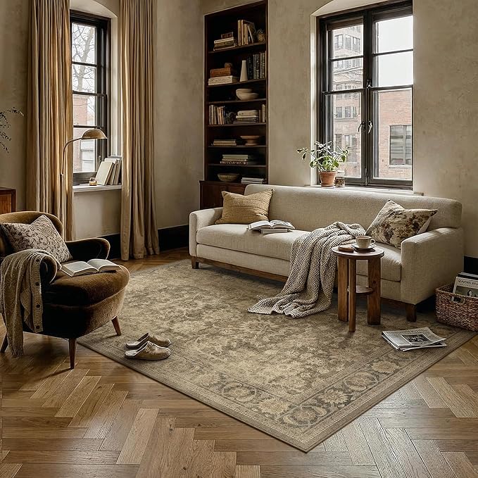 PureCozy 4x6 Brown Office Area Rug Vintage Washable Non Slip Indoor Carpet Entryway Kitchen Door Mat Distressed Low Pile Soft Retro Accent Throw Rug for Bedroom Living Room Dining Room