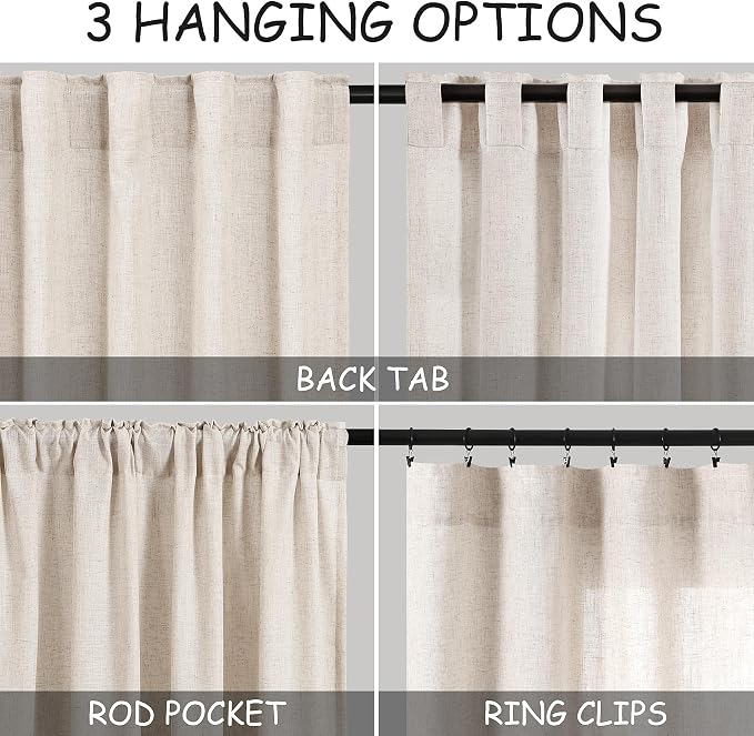 Nanspring Beige Semi Sheer Linen Curtains 90 Inches Long for Living Room 2 Panels Set Back Tab Rod Pocket Linen Tall Vertical Curtains Light Filter Privacy Curtain Drapes for Bedroom Aesthetic 60x90