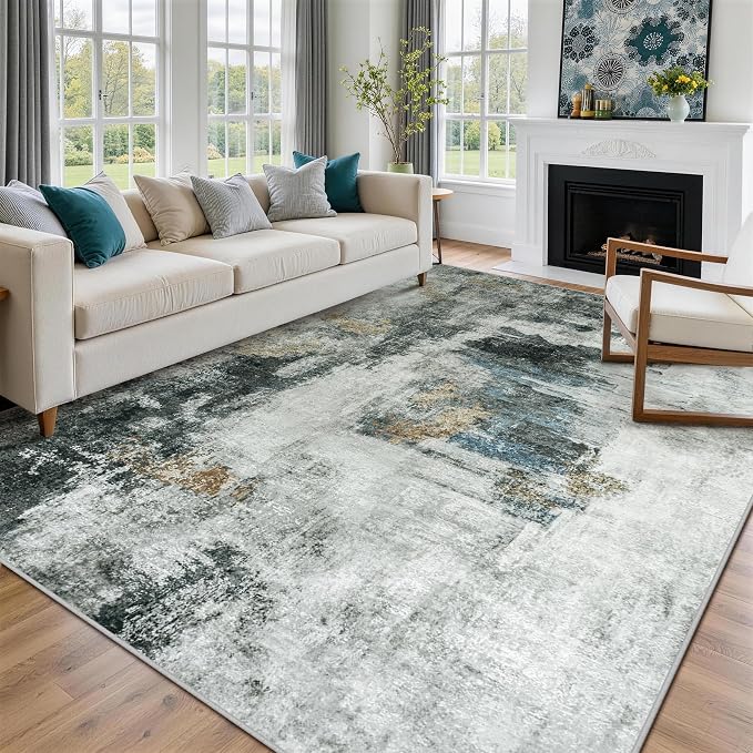 8x10 Area Rugs for Living Room Rug Washable: Abstract Large Rug for Dining Room Bedroom Carpet Non Slip 8 by 10 Indoor Modern Nursery Home Office Black Gold