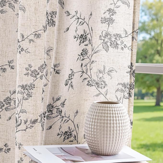 jinchan Black Floral Linen Curtains 84 Inch Rustic Drapes Back Tab 2 Panels | Black on beige, light filtering, semi sheer, farmhouse, country, privacy, flower, bedroom, living room, window treatment