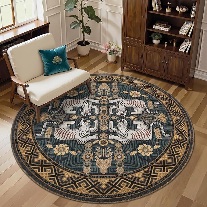 GarveeHome Tiger Round Area Rugs for Bedroom, 5ft Boho Blue Animal Print Circle Rugs Non Slip, Washable Vintage Tribal Floor Carpet for Dining Room Entryway Nursery Playroom Office