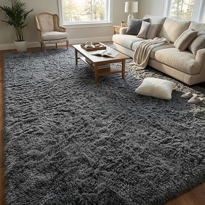Fluffy Rugs for Living Room: Dark Grey Soft Shag Rug for Bedroom, Large Fuzzy Plush Indoor Floor Carpet Non Slip Modern Rug for Nursery Boys Girls Kids Room Playroom Dorms Home Decor, 9x11 Feet