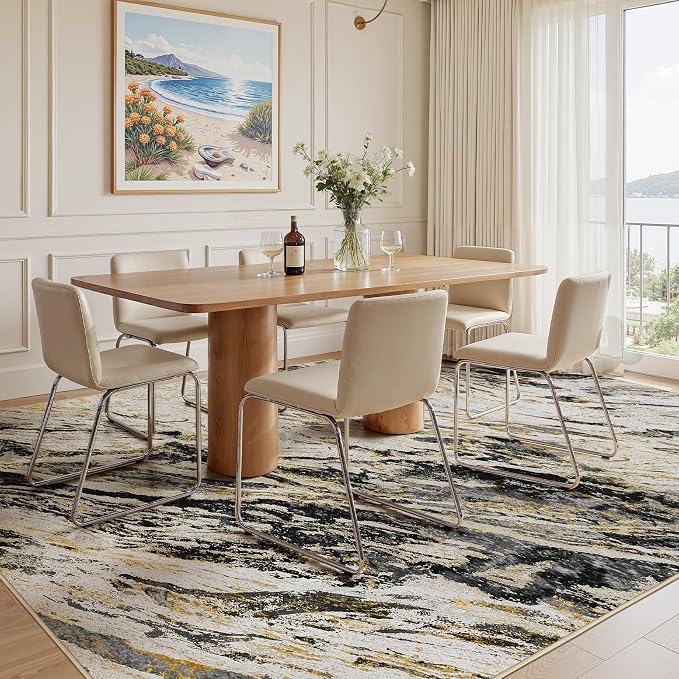 Area Rugs for Living Room: 5X7 Abstract Washable Rug Modern Neutral Large Soft Stain Resistant Non-Slip for Bedroom Dining Room Indoor Home Office Carpet - Black Gold