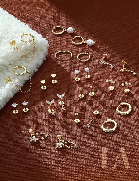 LOLIAS Hypoallergenic Flat Back Earrings Set for Women-Surgical Stainless Steel Earrings for Sensitive Ears-14K Gold Plated Chain Cartilage Earring Stacks Flatback Stud Hoop Earring Sets for Multiple Piercing Jewelry