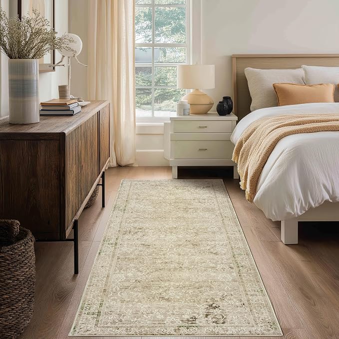 Neutral Farmhouse Hallway Rug Runner 2x6 Washable Non Slip Rubber Backing Vintage Modern Boho Runners Rugs for Entryway Indoor Kitchen Bathroom,Tan Brown and Cream Beige