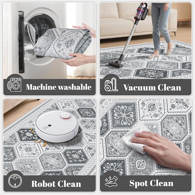 3x5 Washable Rug, Soft Non-Slip Boho Moroccan Rug, Low-Pile Printed Indoor Throw Rugs for Entryway, Kitchen, Bedroom Bedside, Entrance- Gray/White