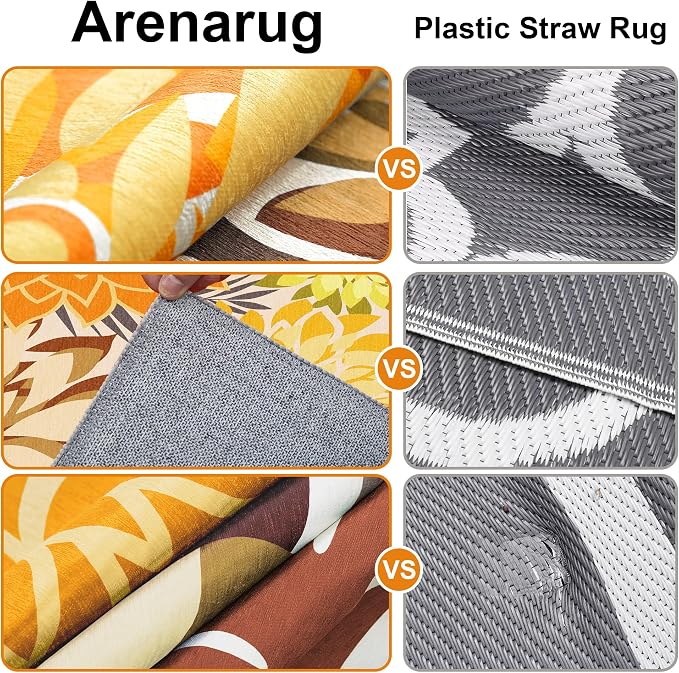 Colorful 6FT Outdoor Round Area Rug Washable Rugs Multicolored Patio Rug Tropical Botanical Floral Chenille Waterproof Outdoor Carpet for RV, Pool Deck, Backyard, Porch, Orange