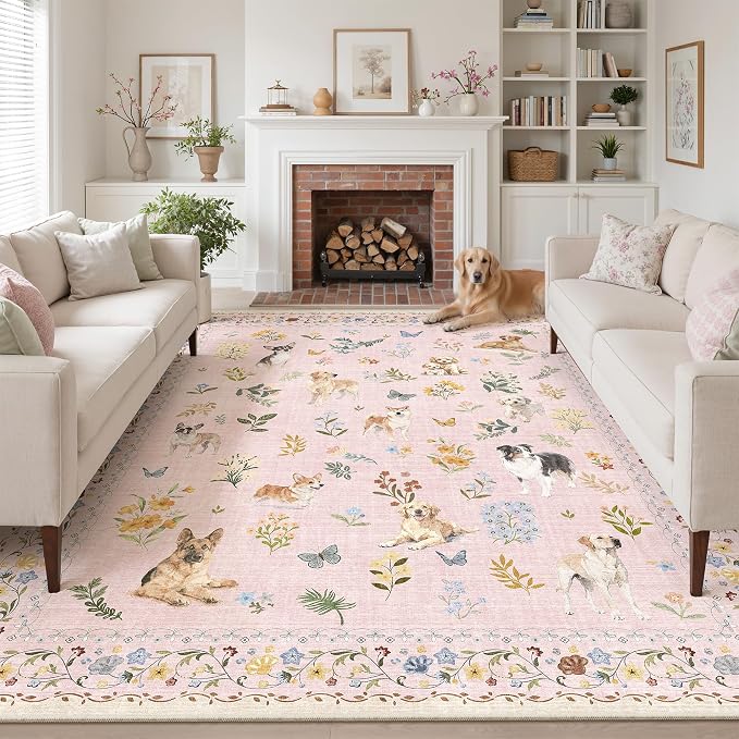 Soalmost Dog 9x12 Pink Area Rugs for Baby Girl Nursery, Washable Soft Rug | Floral Vintage Cute Animal Non-Slip Low Pile Throw Rugs for Living Room Dining Room Bedroom Playroom Classroom 9' x 12'