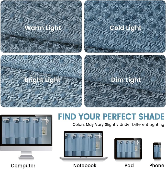 EUTXL Heavyweight Moonlight Blue Long No Hook Shower Curtain with Snap in Liner,256GSM Waffle Weave Shower Curtains for Bathroom,71W x 86H